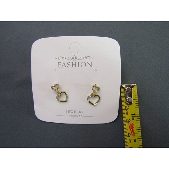 Gold Stud Dangly Heart Earrings with Inset Rhinestones Boho Dainty Open - Picture 3 of 4